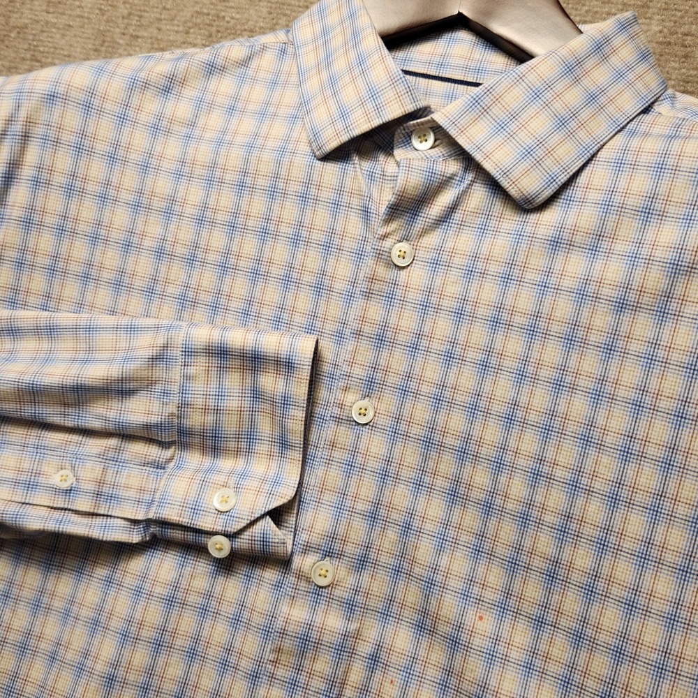 Bugatchi Button Down Shirt Mens XL Blue Tan Plaid Long Sleeve Dress Shirt